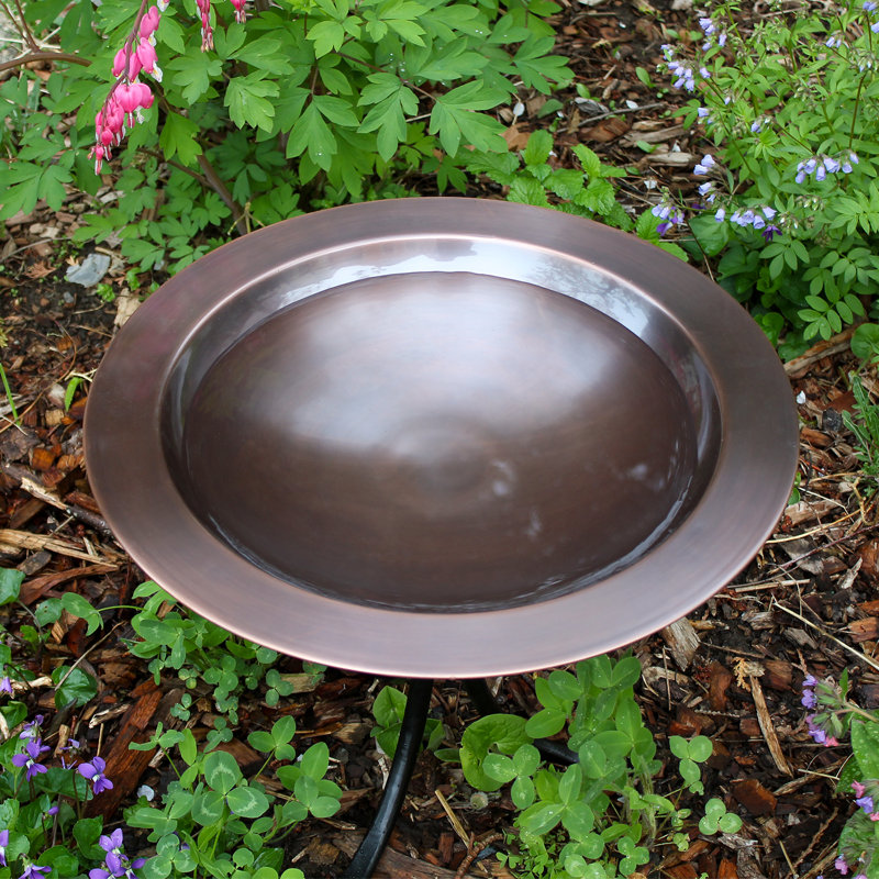 18" Antique Copper Birdbath with Black Wrought Iron Stand