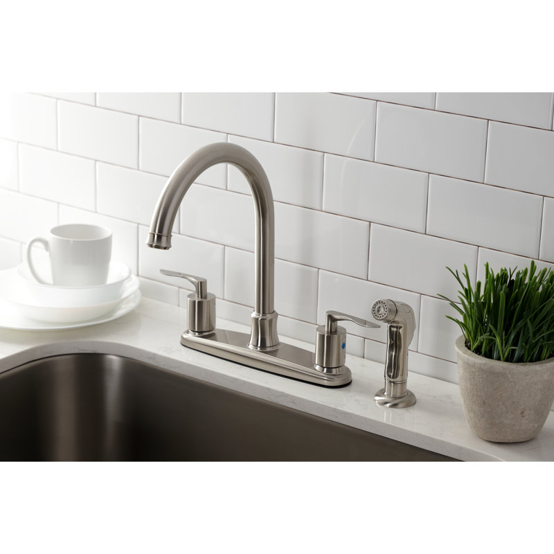 Kingston Brass Serena Two-Handle 4-Hole 8" Centerset Kitchen Faucet with Plastic Side Sprayer, Brushed Nickel
