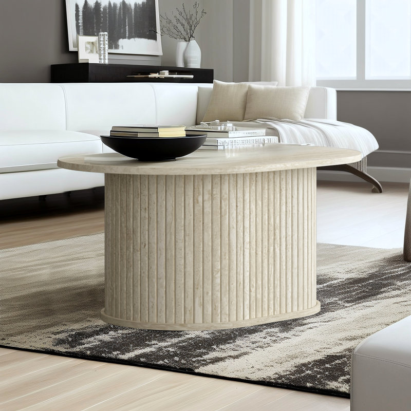 Aurel Modern 31" Fluted Oblong Living Room Coffee Table, Travertine