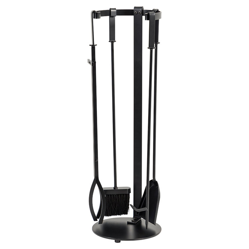 Ensemble d'outils de foyer Modern Ember Knoll - comprend brosse, pelle, tisonnier, pinces et support - acier, Noir