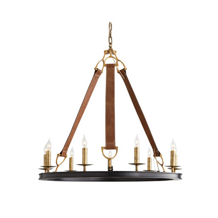Traditional wagon wheel chandelier with a black circular frame, leather strap accents, and brass candle-style lights.