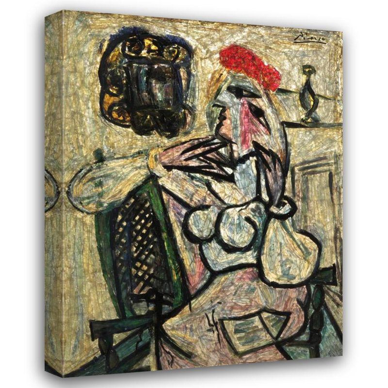 Femme assise avec un chapeau rouge, H 37 po x l 28 po