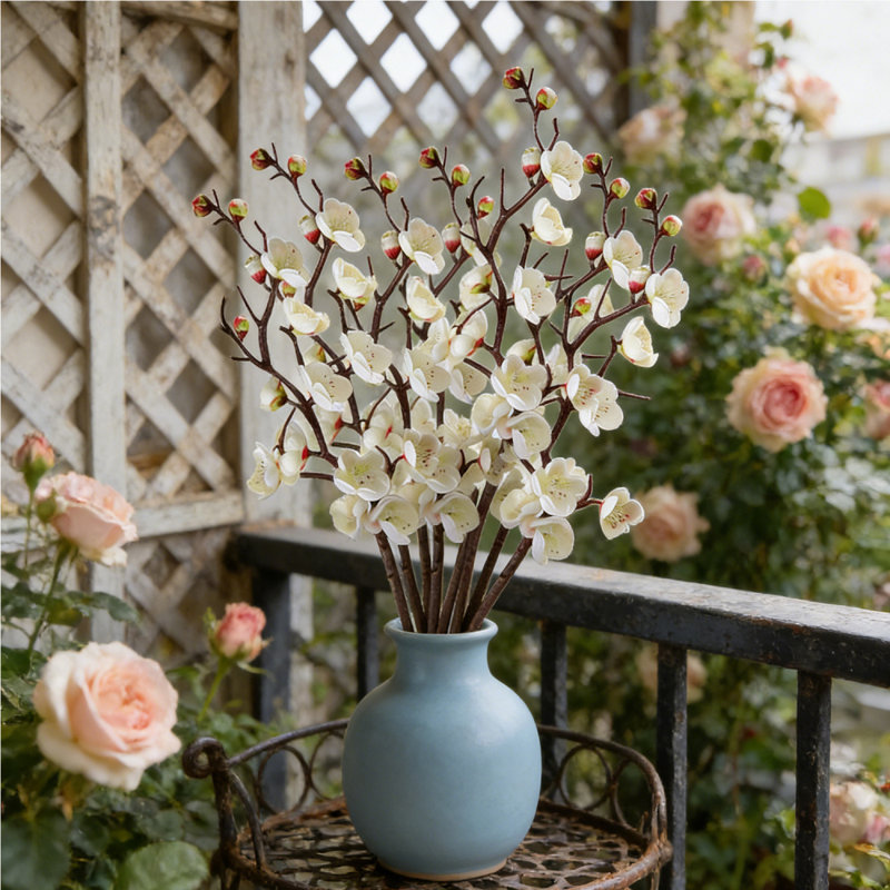 Ensemble de 7 tiges de fleurs de prunier artificielles blanches pour tiges décoratives et vases