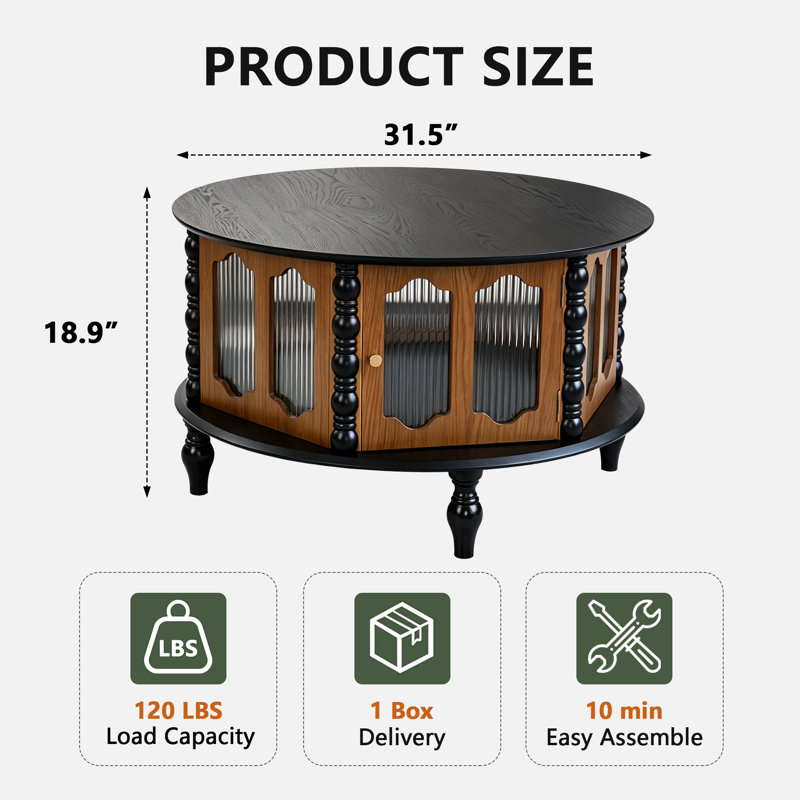 31.5" Round Solid Wood Coffee Table With Storage Function, Black