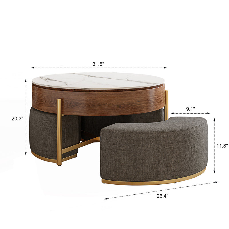 Modern Lift-Top Round Coffee Table With Hidden Storage And Sintered Stone Top, 3 Upholstered Nesting Ottomans, Center Table