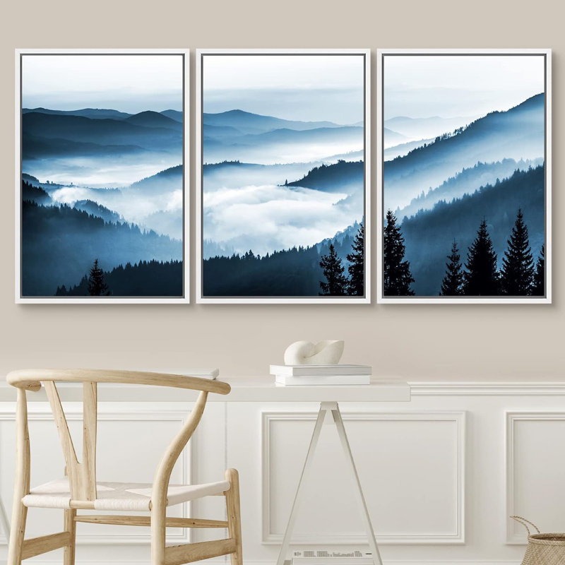 "IDÉE4WALL", reproduction d'art sur toile encadrée, ensemble brumeux, bleu, bichromie, chaîne de montagnes, forêt, nature, photographie, moderne, décoration, coloré, rustique, pour le salon, la chambre à coucher, le bureau, reproduction sur toile,