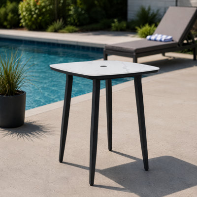 35.4'' Outdoor Bar Table — Greek White Marble Sintered Stone Top, Umbrella Hole, Rust-Free Aluminum Frame, Ember Black