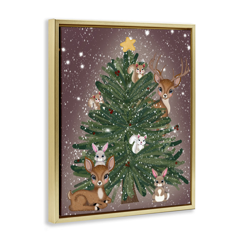 Cadre flottant Christmas Tree Fun Animals, design par Drew McInerney, H 31 po x l 25 po, Cadre flottant métallique doré
