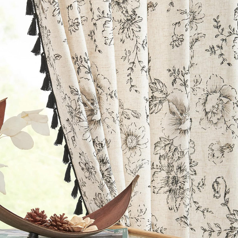 Linen Floral Rod Pocket with Tassels Farmhouse Rustic Peony Flower Patterned Drapes for Living Room, 50" W x 84" L