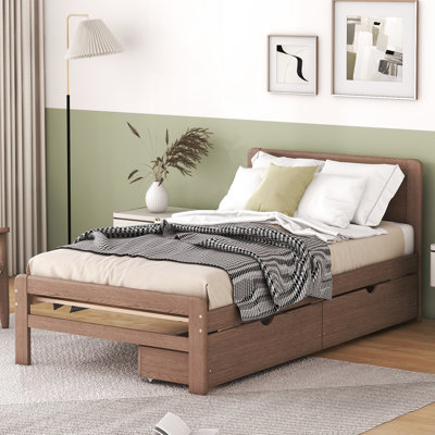 Lit simple avec rangement en noyer - Rehausse le style de la chambre à coucher à 2 tiroirs