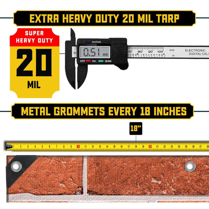Bricks/Black, Extreme Heavy Duty 20 Mil Tarp Cover, Waterproof, UV Resistant, 96" H x 120" W x 1" D