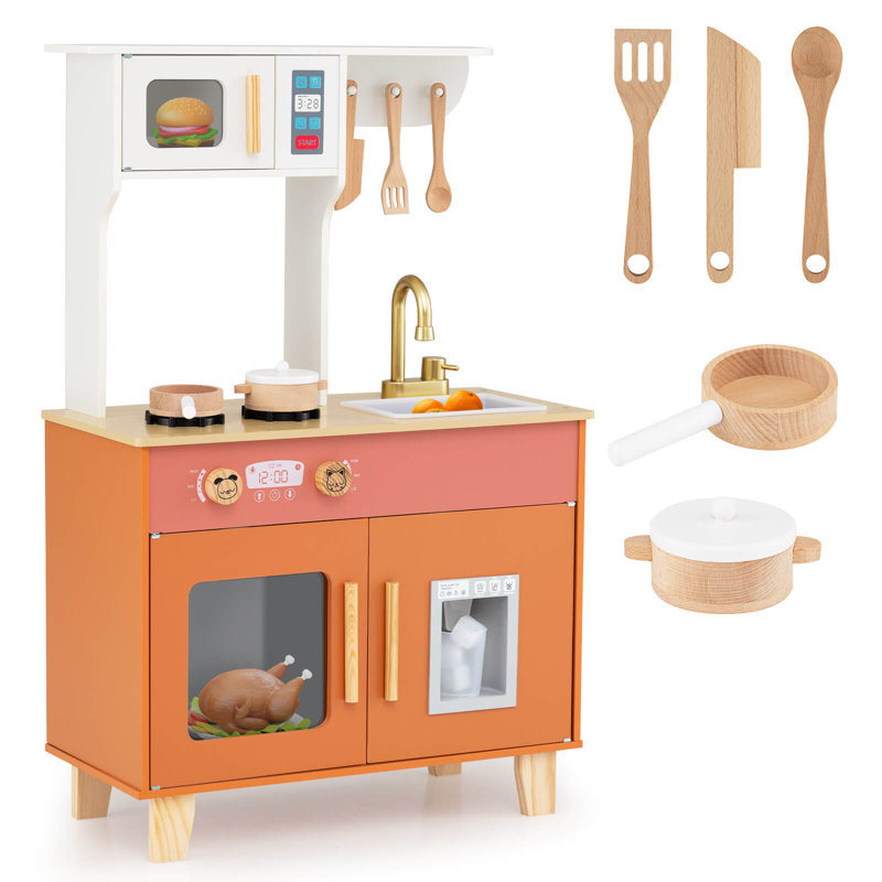 Kids Play Kitchen with Microwave Stoves Rotation Knobs Ice Dispenser Faucet Sink Brown, Natural/Orange/Pink