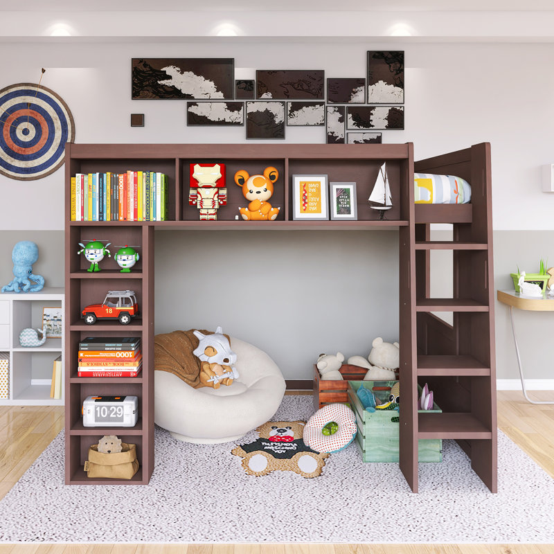 Grand lit mezzanine à structure en bois avec tablettes de rangement, Brown