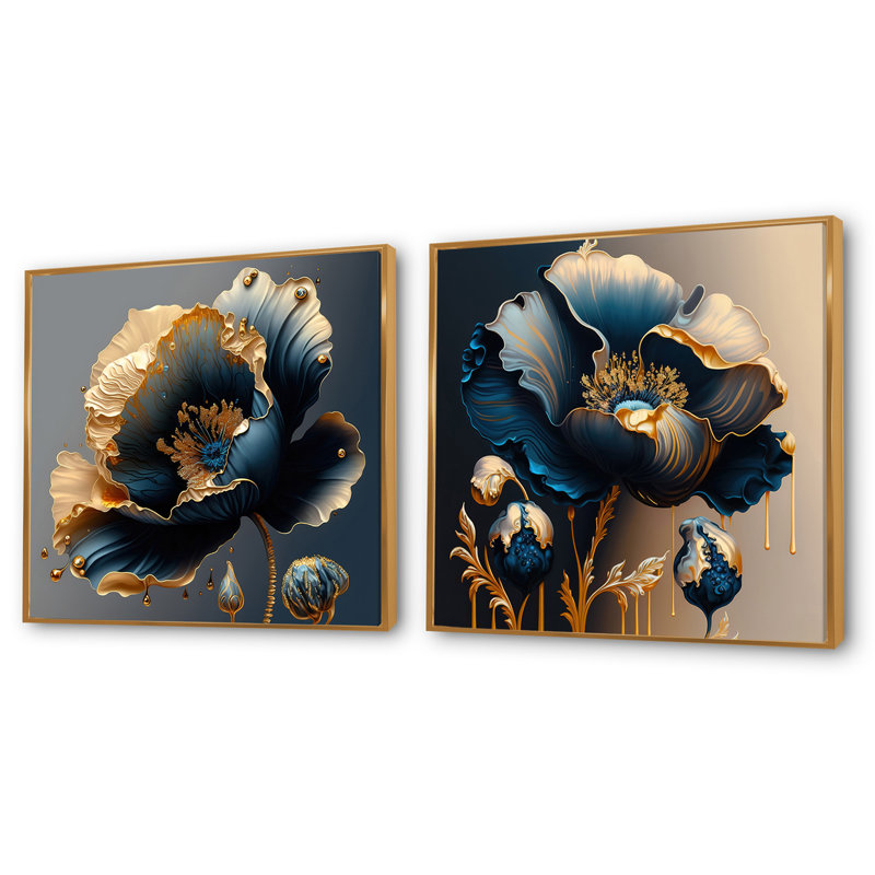 Ensemble de 2 collages carrés floraux et botaniques profonds bleu foncé et or, Cadre flottant doré, H 30 po x l 61 po