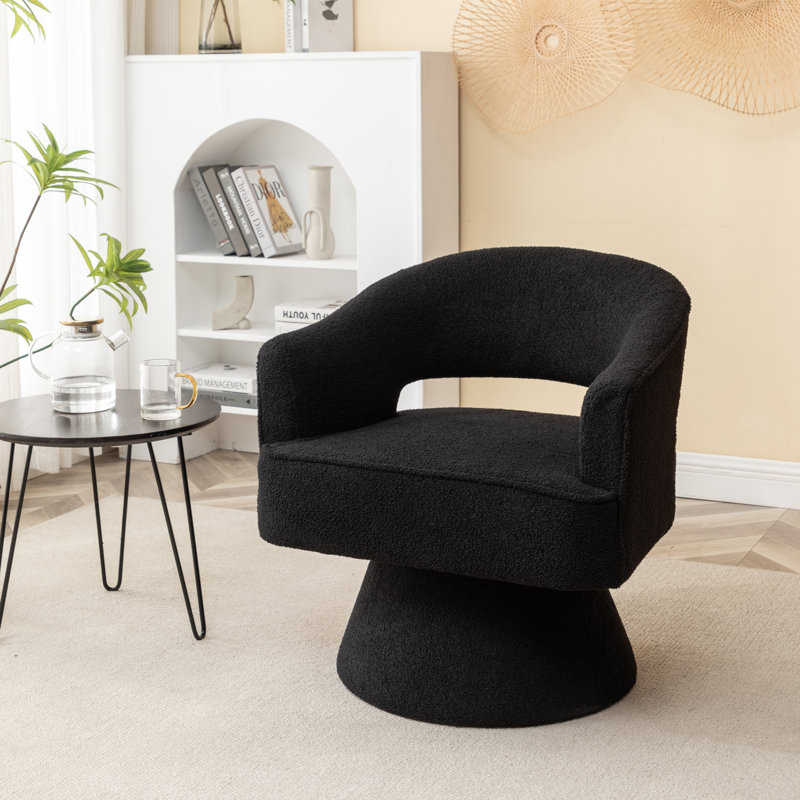 Kenzlee Upholstered Swivel Barrel Chair, Black Teddy Fabric