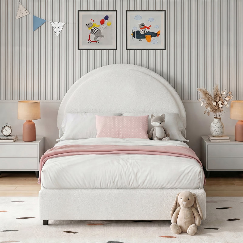 Bensu Luxury Curve-Shaped Headboard Bed Frame, Elegant Boucle Upholstered Platform Bed with Modern Design, Twin, White