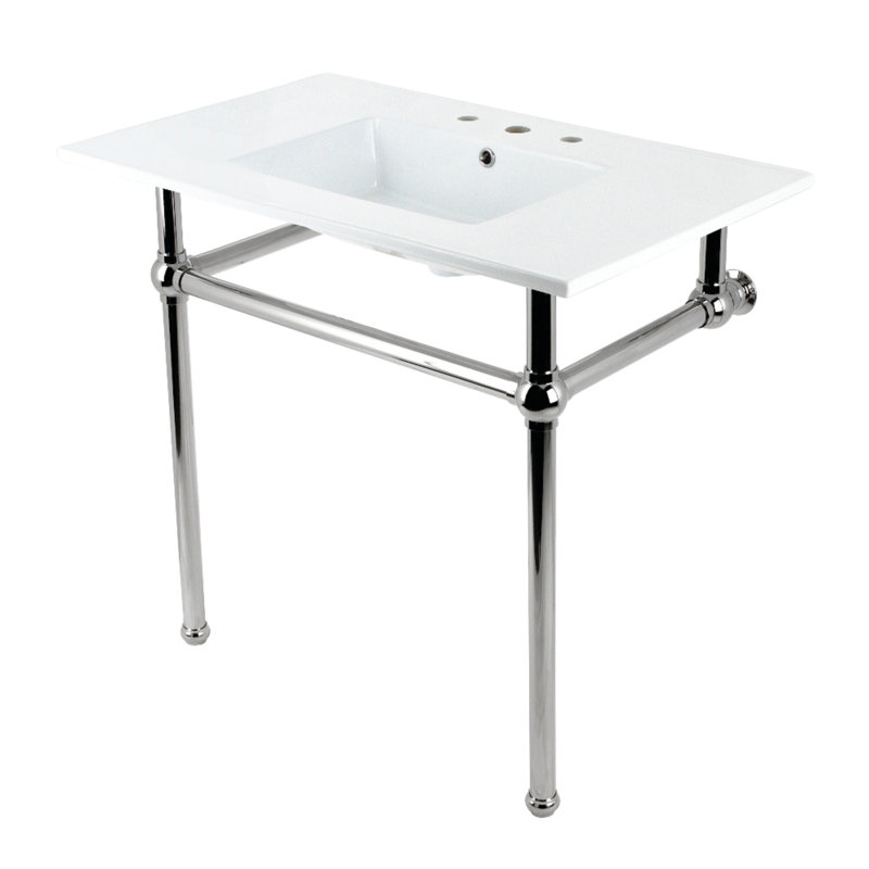 Kingston Brass Templeton 37-Inch Ceramic Console Sink with Brass Legs (8-Inch, 3-Hole), White/Polished Nickel