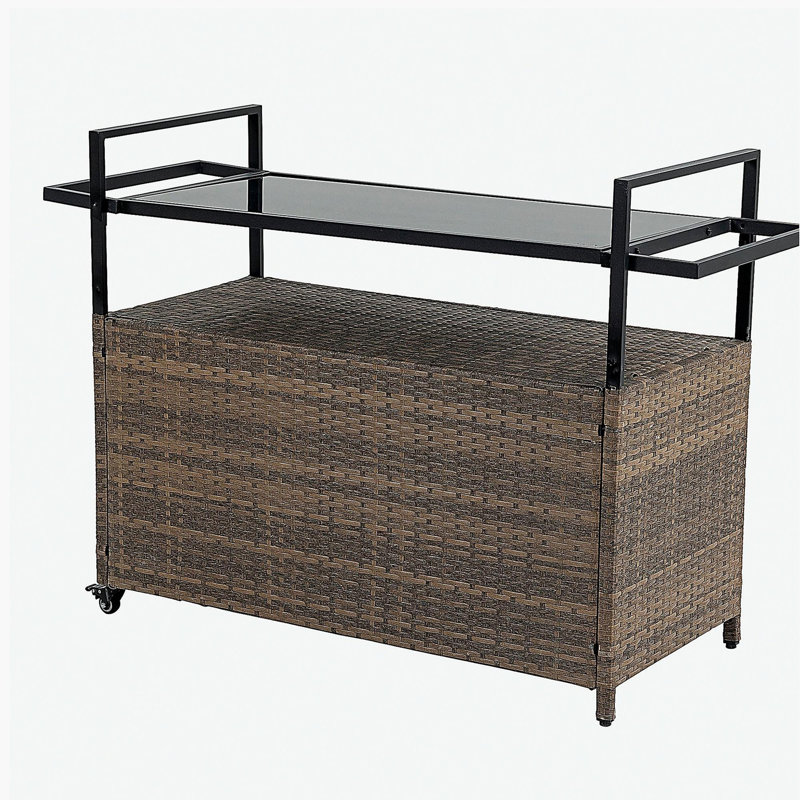 Outdoor wicker bar cart, wheel-mounted terrace wine service cart, rolling wicker drink bar table with glass canopy, for porches, backyards, gardens, poolside parties, light brown