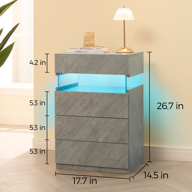 Mekiya Modern Style LED Nightstand with 4 Storage Drawers, Gray, Set of 2
