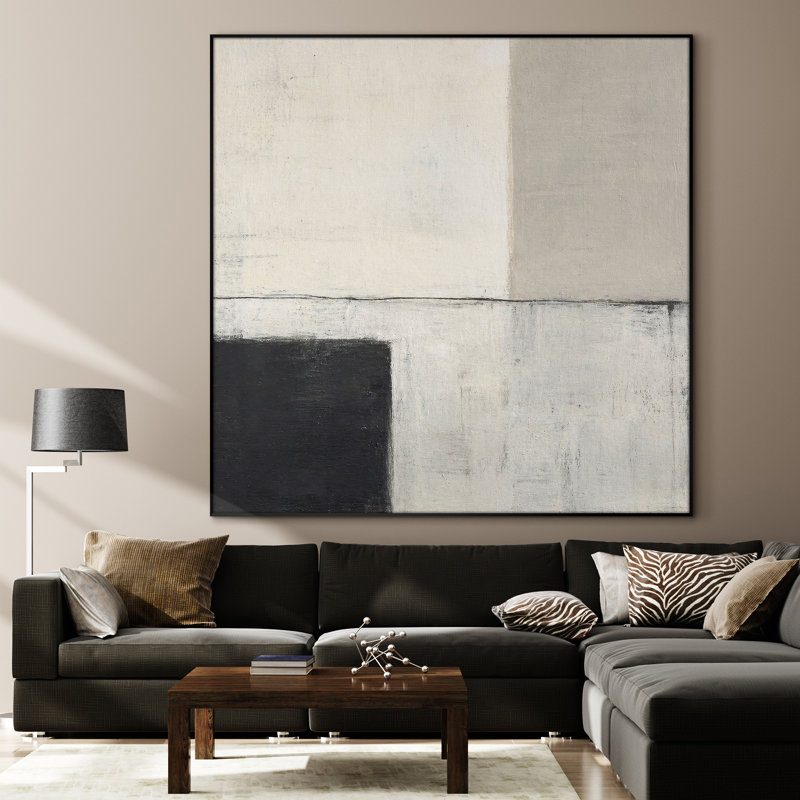 Très grand art mural imprimé sur tissu - Abstrait géométrique neutre minimaliste avec des blocs noirs et blancs pour le salon ou la chambre à coucher - «Assemblage requis du cadre (cadre non fini)»