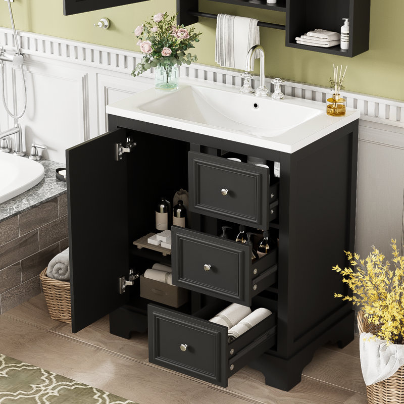 30'' Single Bathroom Vanity With Ceramic Top, Silver, Black