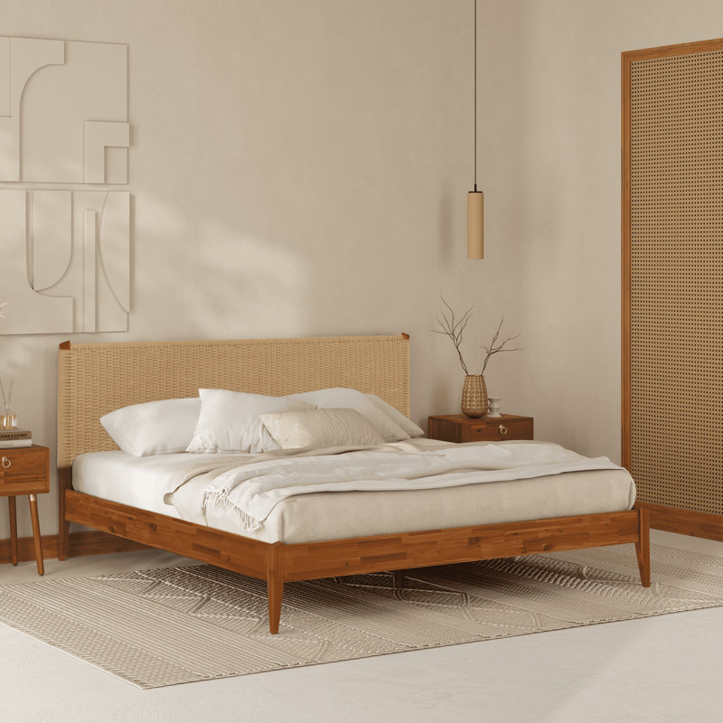 Selina Solid Wood Platform Bed with Headboard, Bohemian and Mid-Century Bed Frame, King, Caramel