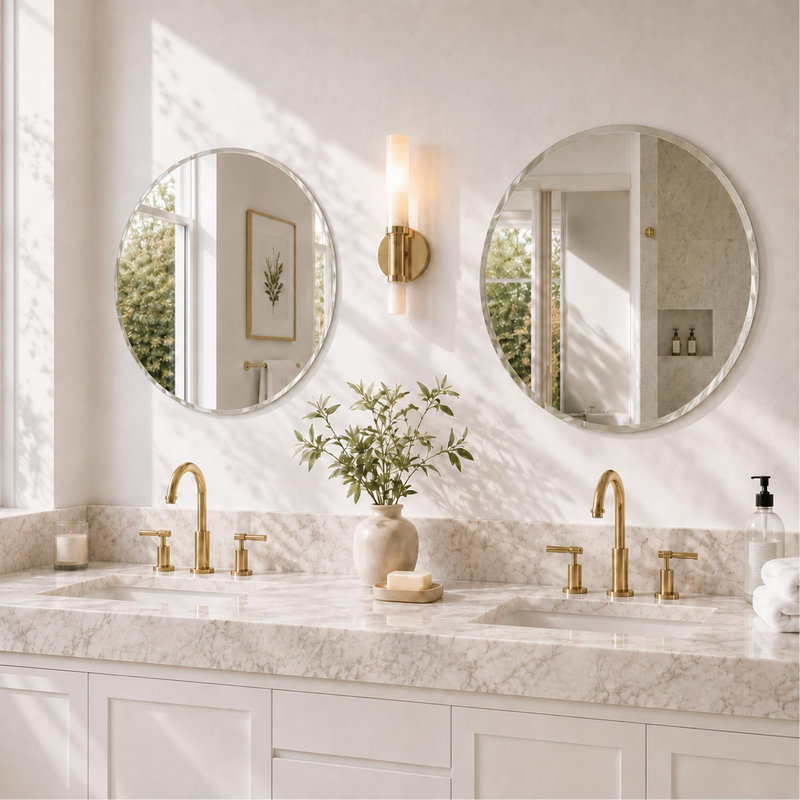 Beveled Frameless Round Bathroom Vanity Wall Mirror for Bedroom Entryway and Living Room, Round,  24" x 24"
