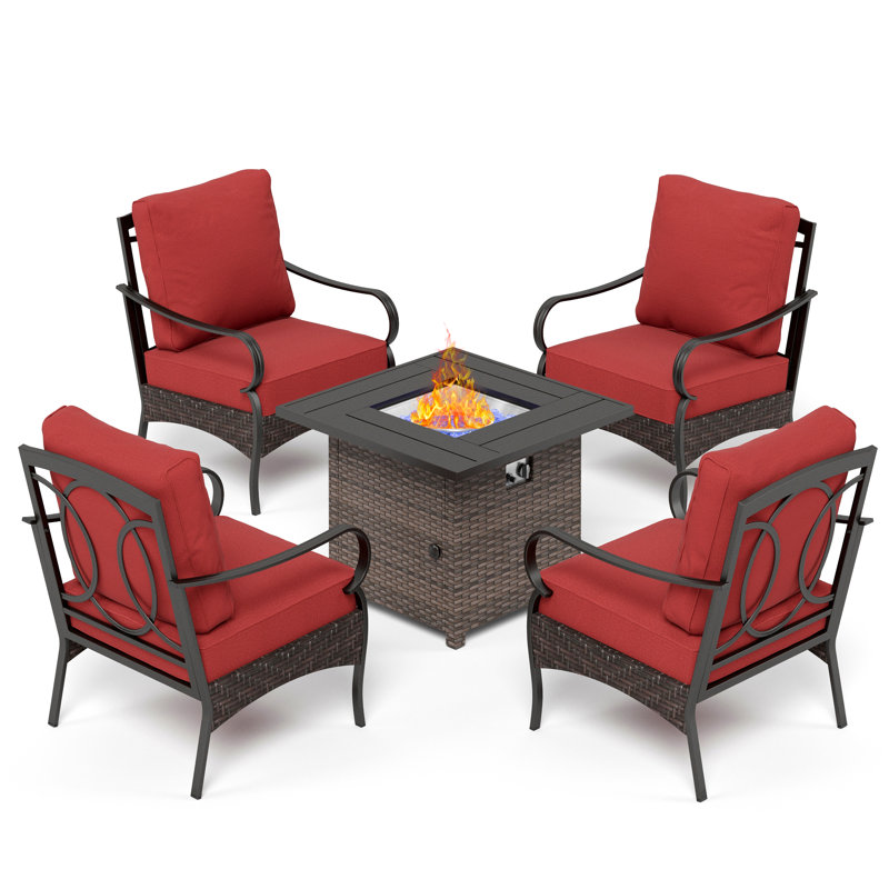 4-person Outdoor Conversation Set With Fire Pit Table, Red