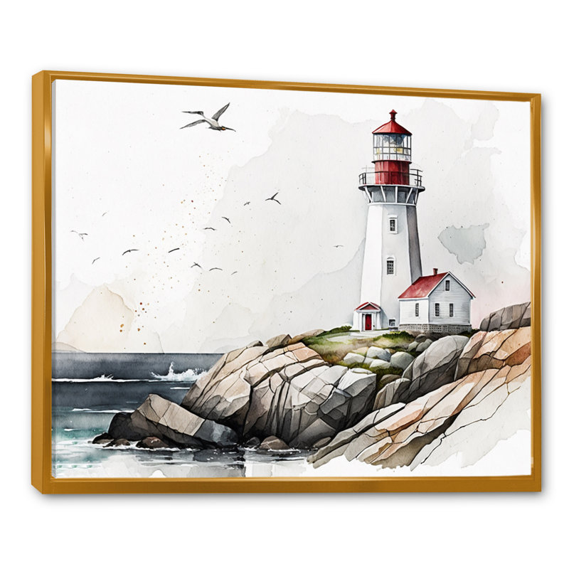 Art sur toile, "Phare par l'océan IV", L 32 po x H 16 po, Toile avec cadre flottant or
