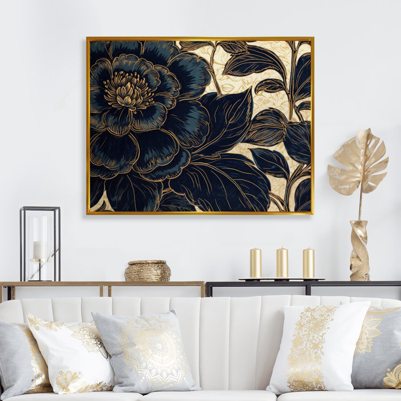 Pivoines bleues dorées, célébration sur toile, H 16 po x l 32 po x P 1 po, Cadre flottant doré