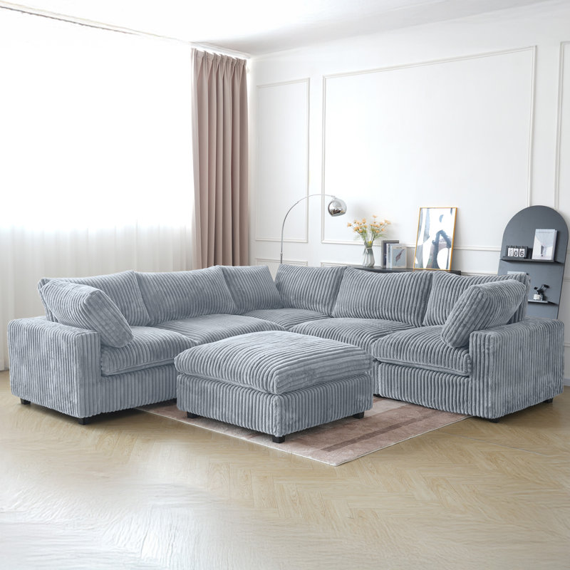Canapé modulaire 6 pièces avec repose-pieds, Fausse fourrure grise