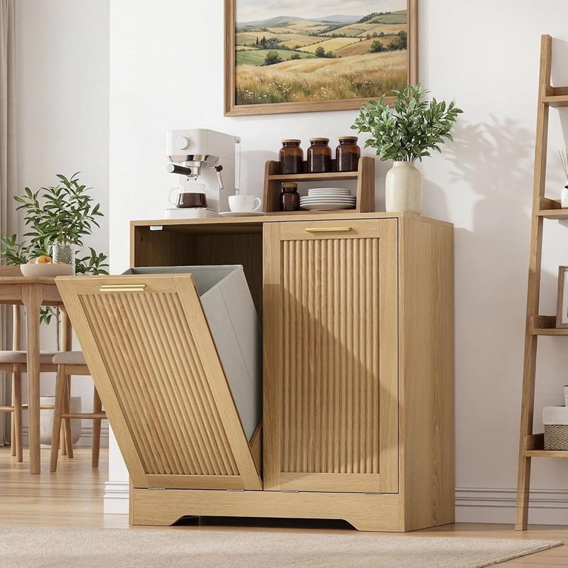 Armoire à linge à double ouverture basculante avec paniers dissimulés et portes cannelées, fini naturel