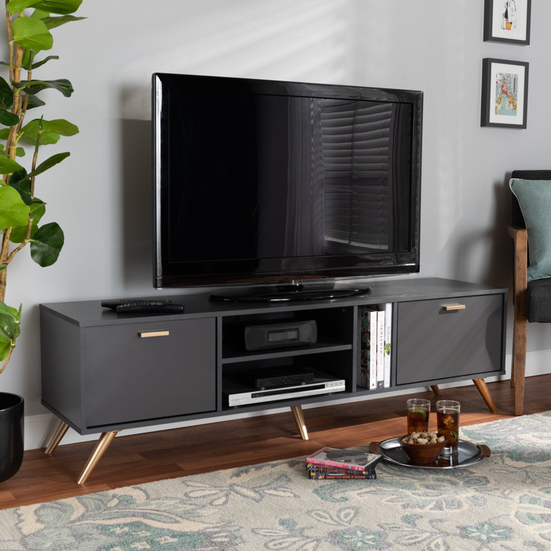 Corinth TV Stand with 3 Shelves & 2 Cabinets in Dark Grey/Gold Finish