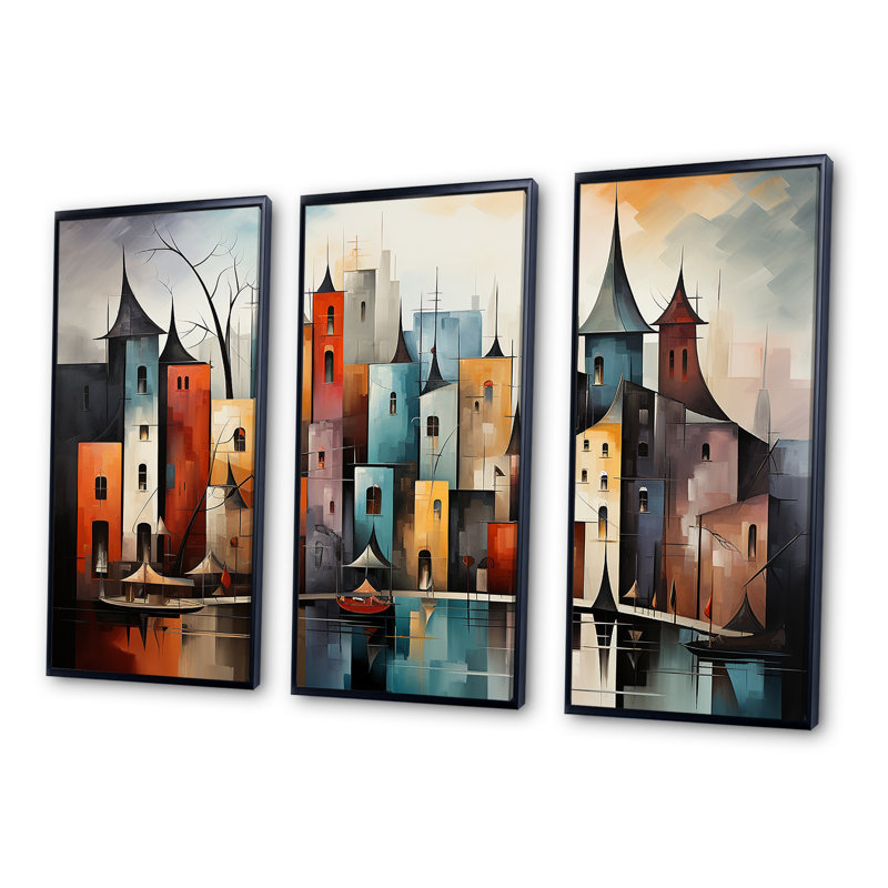 «Cubist Urbanism Horizon I» - ensemble d'art mural cubisme, Cadre flottant noir, H 32 po x l 48 po x P 1 po