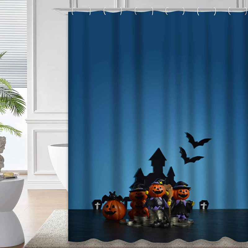 Rideau de douche d'Halloween citrouille-lanterne bleu foncé avec 12 crochets, L 72 po x l 84 po
