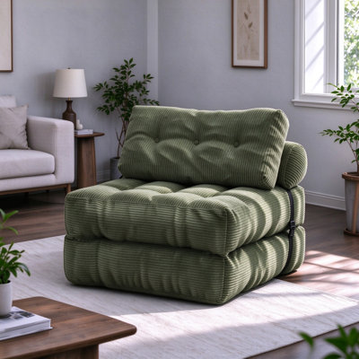 Canapé-lit vert convertible, fauteuil-lit de sol en velours côtelé et mousse déchiquetée avec coussins de soutien pour le salon et la chambre à coucher