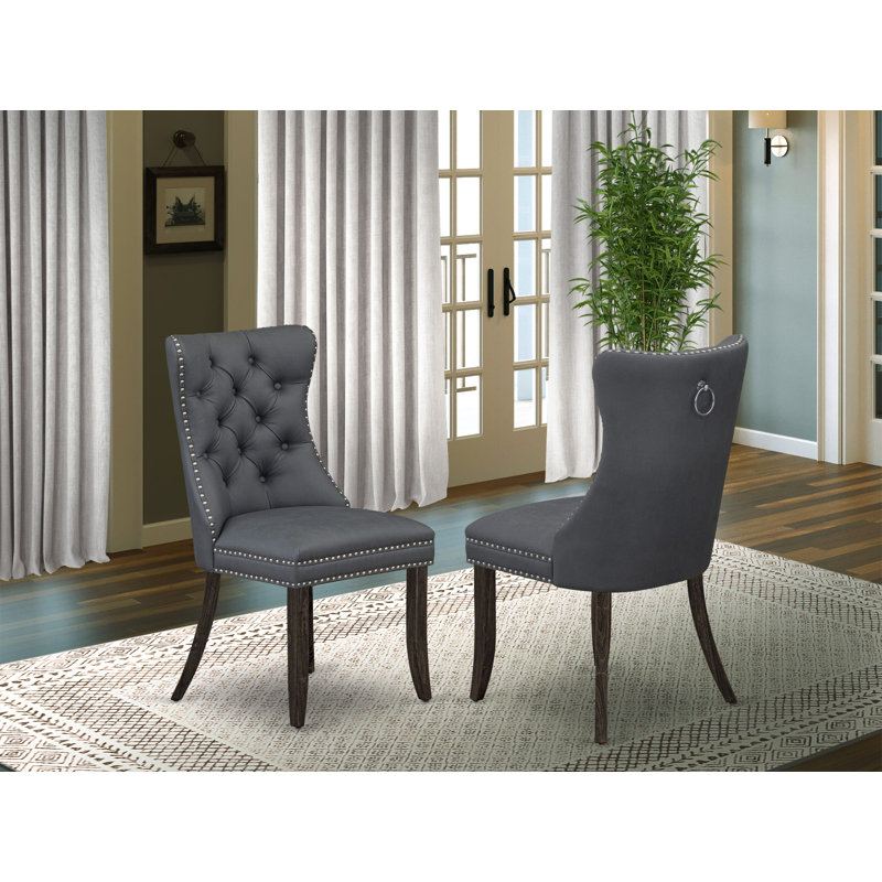 Dallas Parson Dining Chairs - Button Tufted Nailhead Platinum Gray Polyester Fabric Padded Chairs, Set of 2, Distressed Jacobean