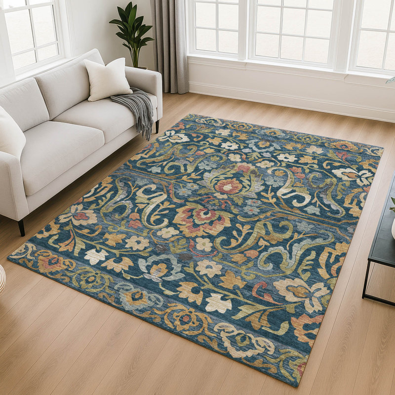Premium Machine Washable Mayfield AMF2193 floral Rug, Navy, 10' x 14'