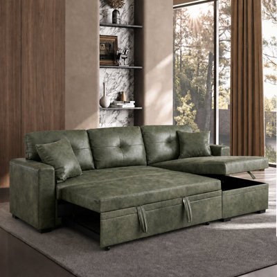 71" Air Leather L-Shaped Sleeper Sectional Sofa with Pull-Out Bed and Storage Chaise, for Living Room Office