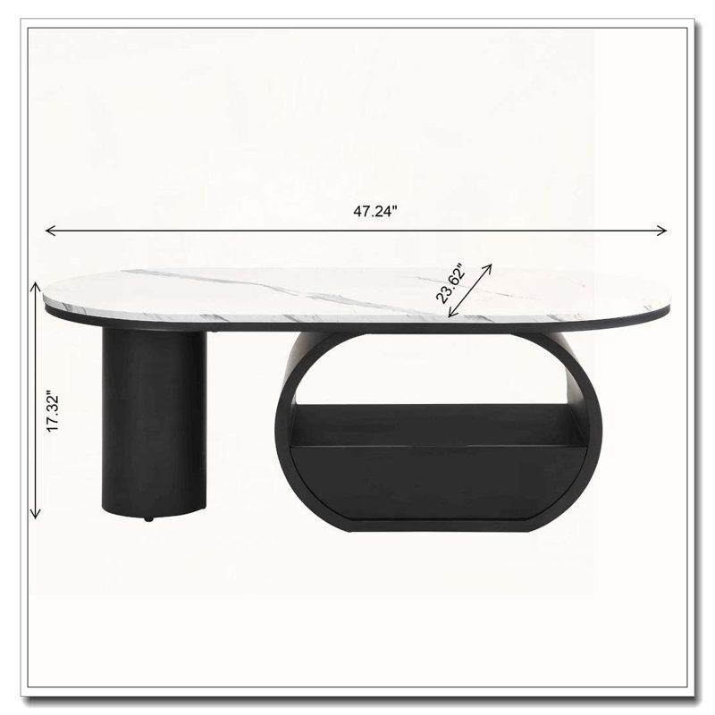 Table basse ovale 47,24 po, Marbre, Blanc/Noir