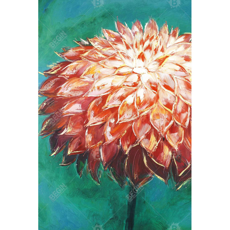 Toile abstraite fleur de dahlia - art floral décoratif, H 24 po x l 36 po, Orange / turquoise / corail