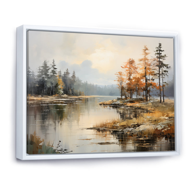 «Lakeside Fall Foliage Serenity II - Lake River», art mural, Cadre flottant blanc, H 24 po x l 32 po x P 1 po