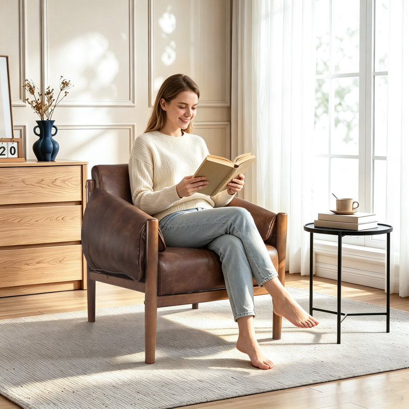 Salma 27.6" W Vegan Leather Upholstered Armchair, Brown