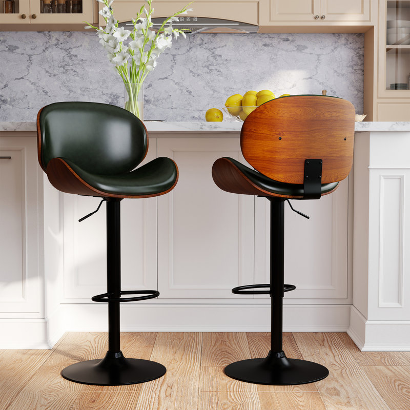 Mid-Century Modern PU Upholstered Swivel Ajustable Height Bar Stools, Green