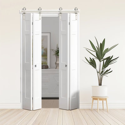 Ensemble de quincaillerie de porte de grange pliable en métal nickelé ATT, longueur de rail pour quatre portes (panneau de porte non inclus)