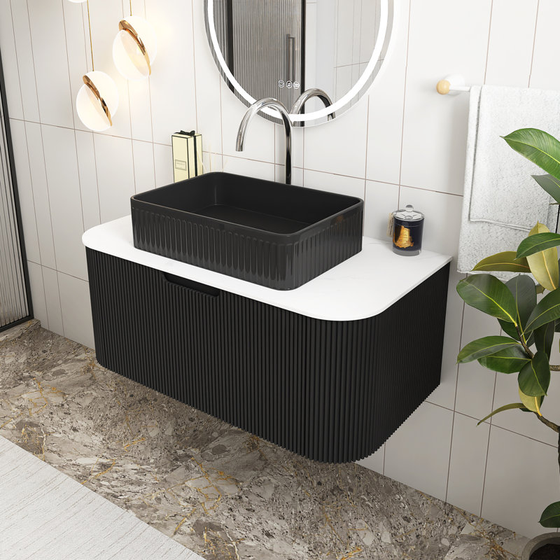 Meuble-lavabo mural rectangulaire en céramique blanche, Noir, 36"