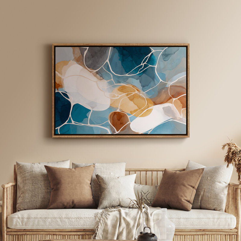 Art mural encadré, formes abstraites de fluides bleus et bruns, Naturel, H 16 po x l 24 po