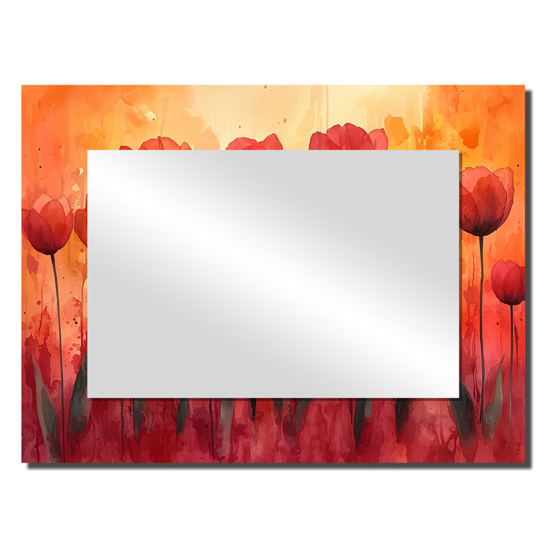«Sunset Hues Tulips Field Horizon II», art mural miroir floral - imprimé sur métal, 24 po x 32 po