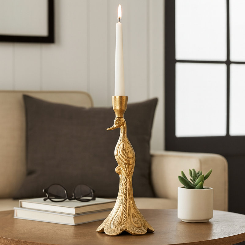 Modern Metal Peacock Candle Holder for Living Room Decor - Decorative Taper Candlestick Holder for Tabletop Accent - 10", Gold & Metallic