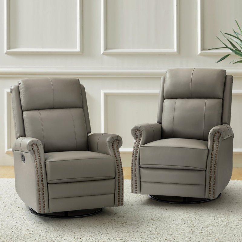 Anouschka 30.5" Wide Swivel Rocking Genuine Leather Manual Recliner, Gray Genuine Leather